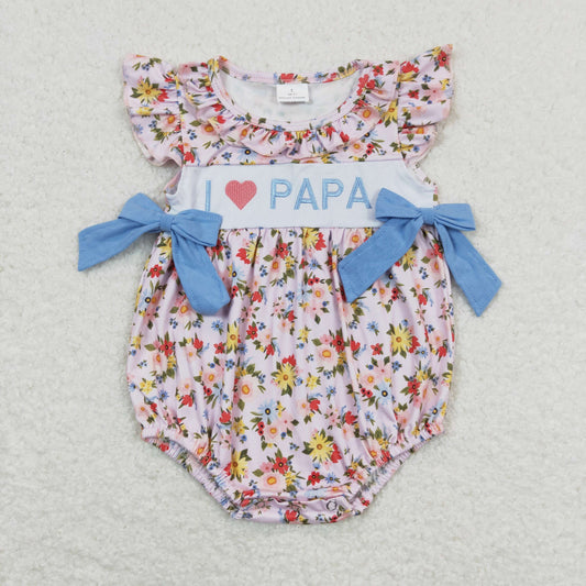 SR1162 Embroidered I love papa blue bows flower fly sleeve romper girls romper baby 20240402 RTS