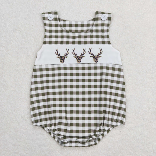SR1167 Deer Hunting Army Green Plaid Sleeveless Boys Bubble Romper RTS 202508