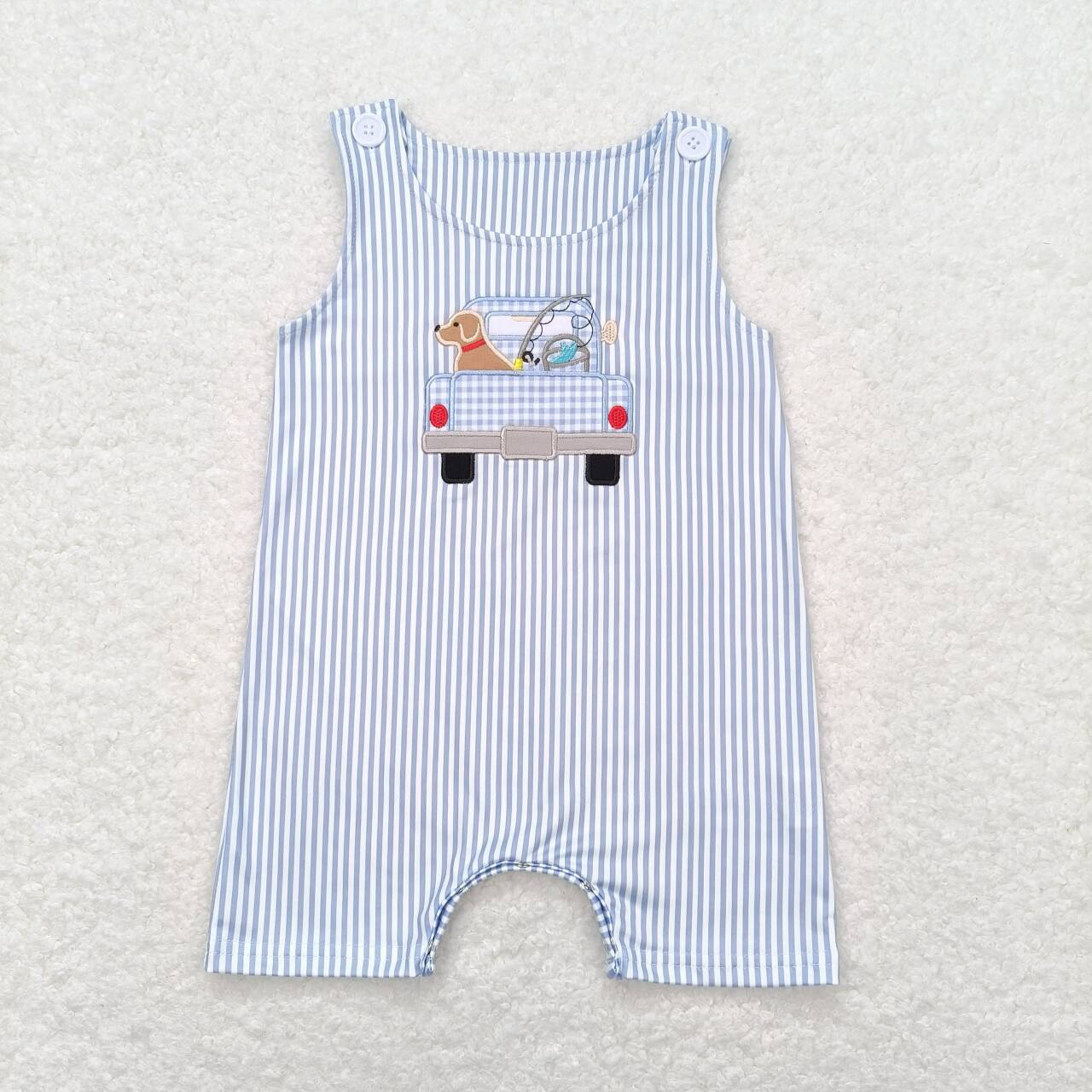 SR1170 Embroidered fishing puppy truck Blue striped sleeveless baby lace romper