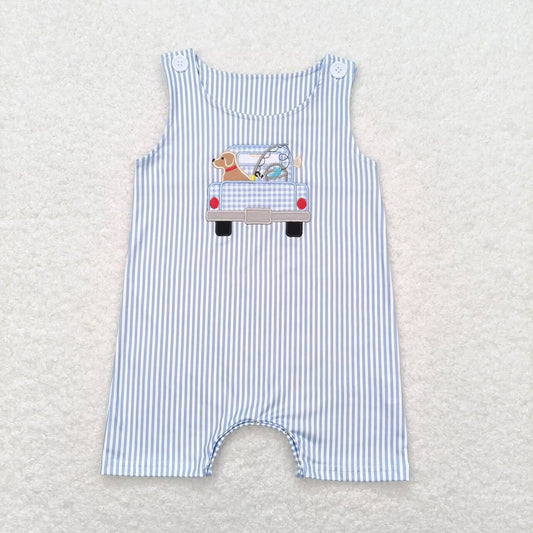 SR1170 Embroidered fishing puppy truck Blue striped sleeveless baby lace romper