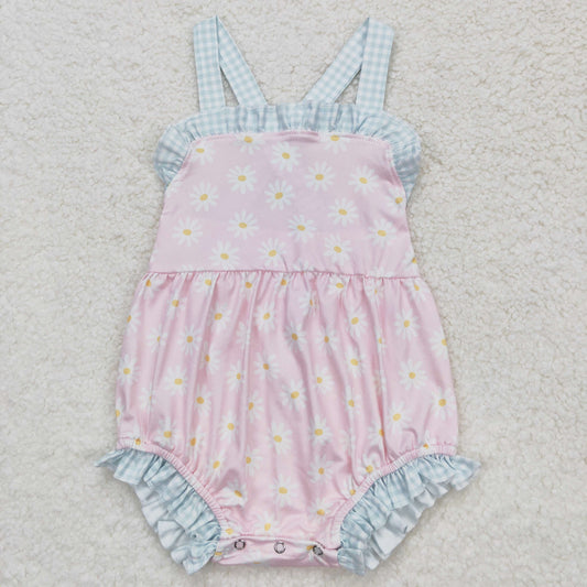 SR1182 Flower Blue Plaid Ruffle Sleeveless Girls Bubble Romper RTS 202508