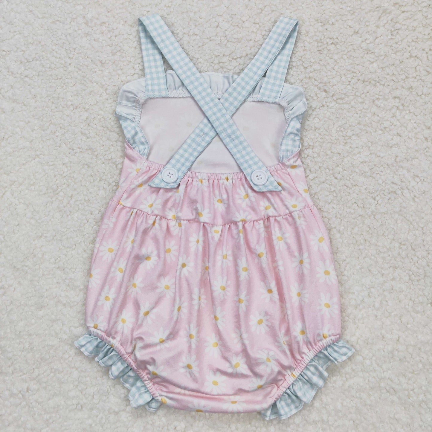 SR1182 Flower Blue Plaid Ruffle Sleeveless Girls Bubble Romper RTS 202508