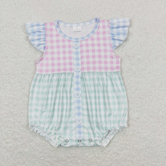 SR1201 Pink green plaid flying sleeve vest romper high quality wholesale custom organic baby rompers