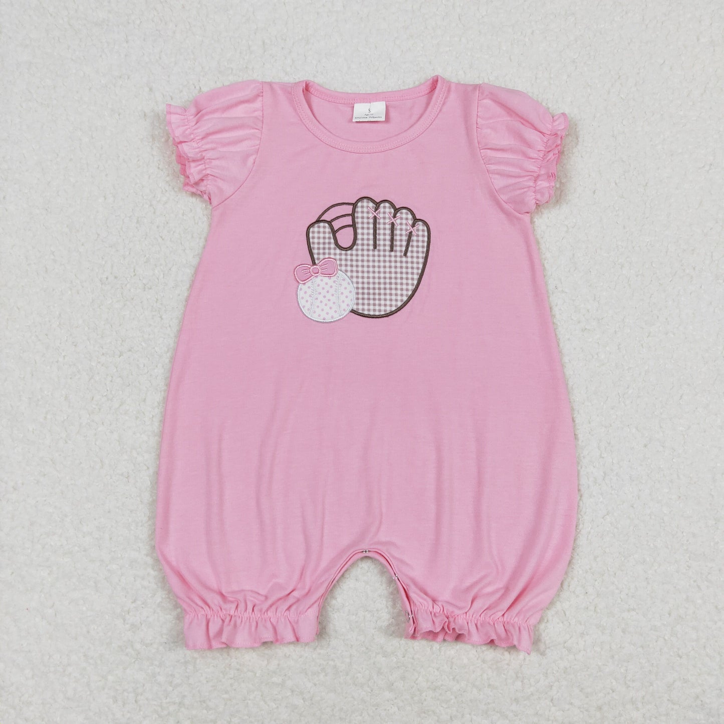 SR1213 Embroidered bow baseball glove pink short sleeve romper high quality wholesale baby waffle romper