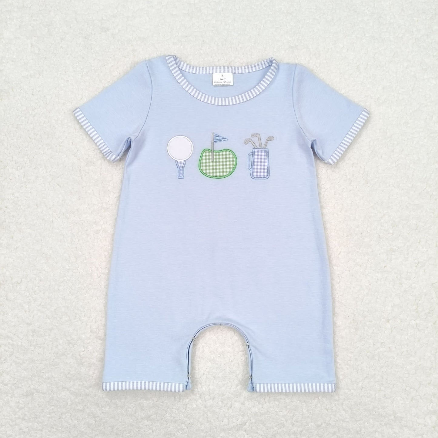 SR1216 Embroidered golf flag Blue striped short sleeve romper High quality baby cartoon rompers