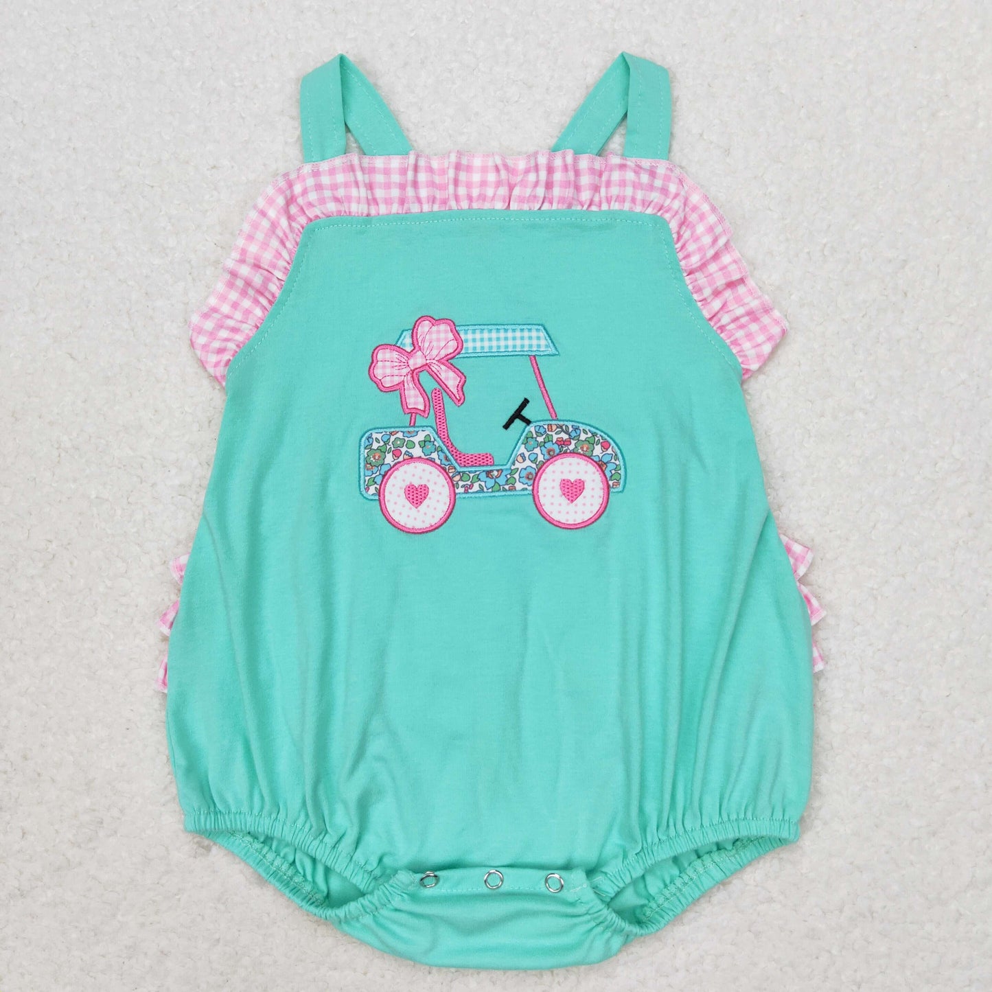 SR1223 Embroidered flower bow Sightseeing car pink and white check lace teal vest romper high quality baby summer romper