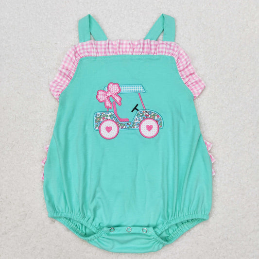 SR1223 Embroidered flower bow Sightseeing car pink and white check lace teal vest romper high quality baby summer romper