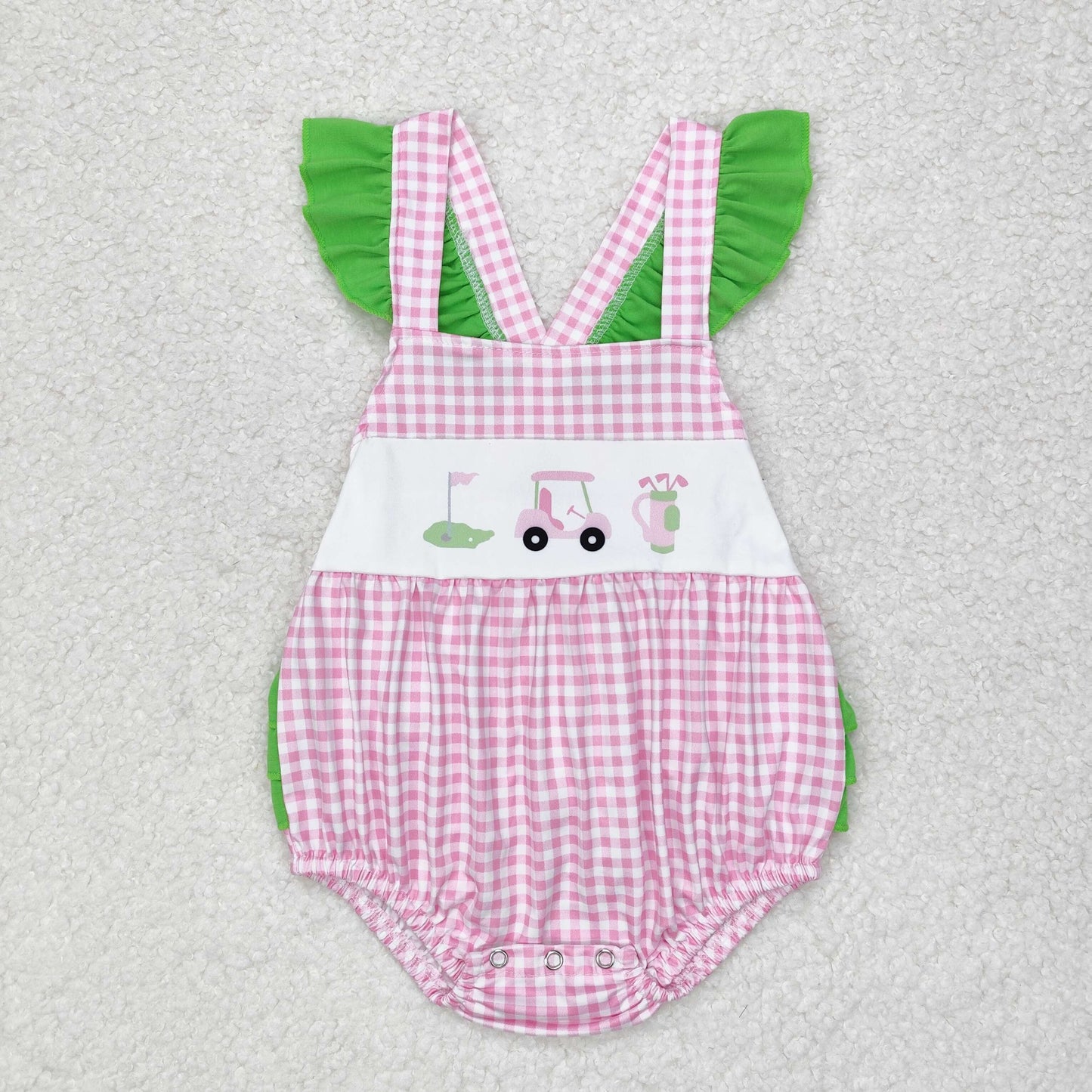 SR1226 NO MOQ Golf tour Car Pink plaid green lace vest romper High quality baby rompers wholesale