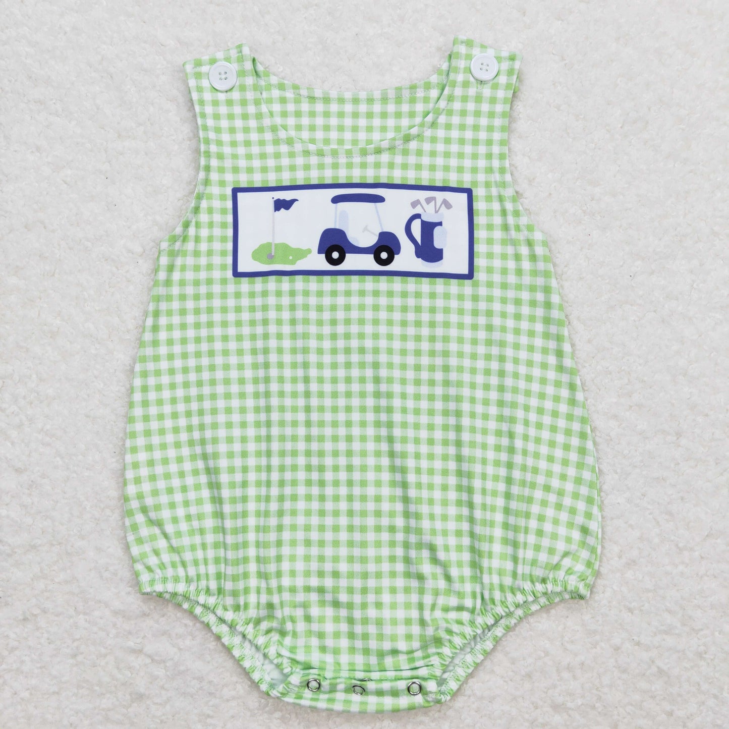 SR1227 Golf Touring Car Green Plaid Sleeveless Boys Bubble Romper RTS 202508