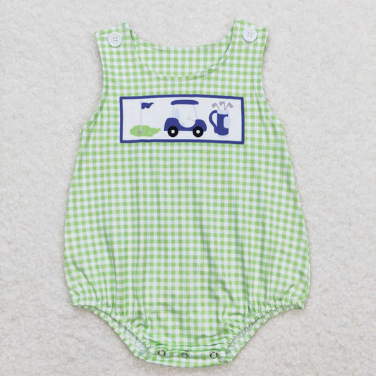 SR1227 Golf Touring Car Green Plaid Sleeveless Boys Bubble Romper RTS 202508