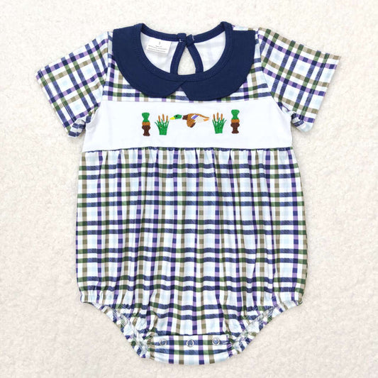 SR1242 Embroidered bottle Duck plaid short sleeve romper High quality knitted romper baby