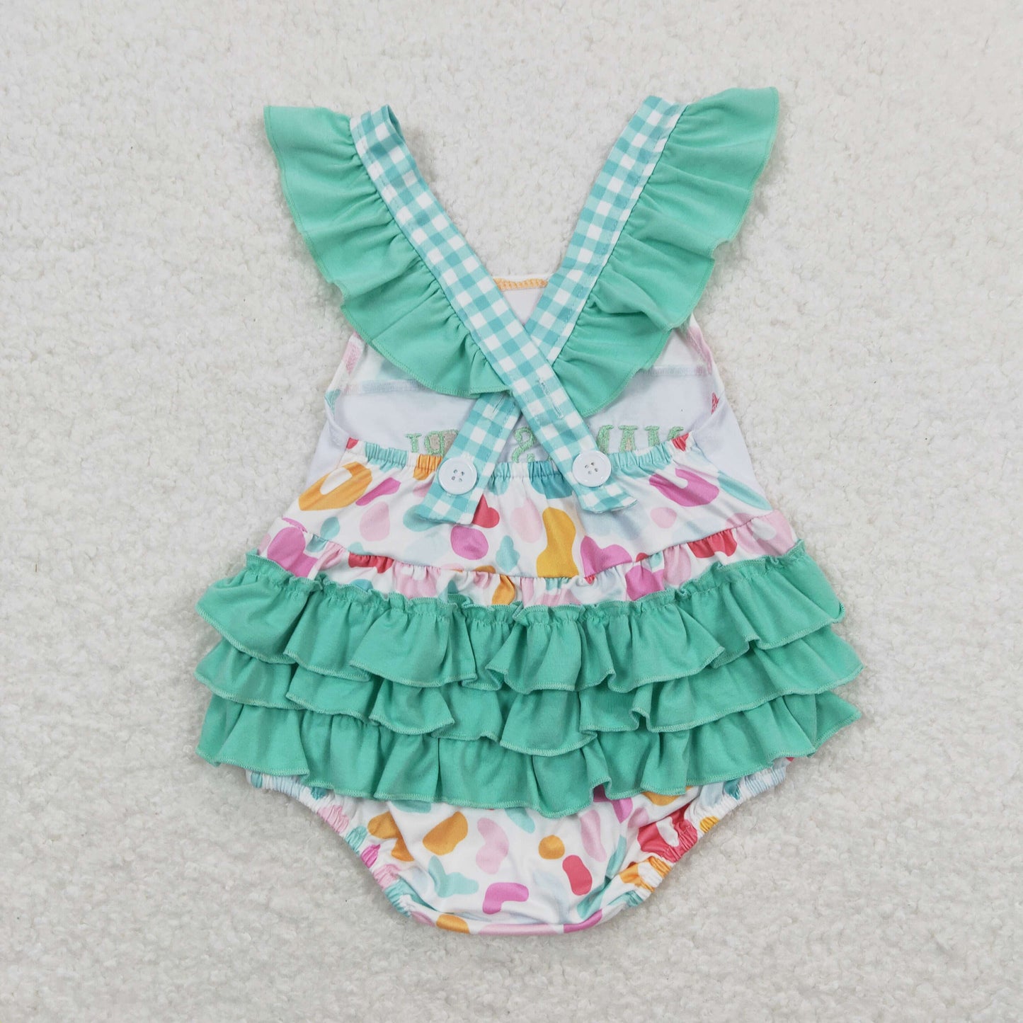 SR1246 Embroidered mama's girl blue green ruffle leopard fly sleeve romper girls romper baby 20240402 RTS