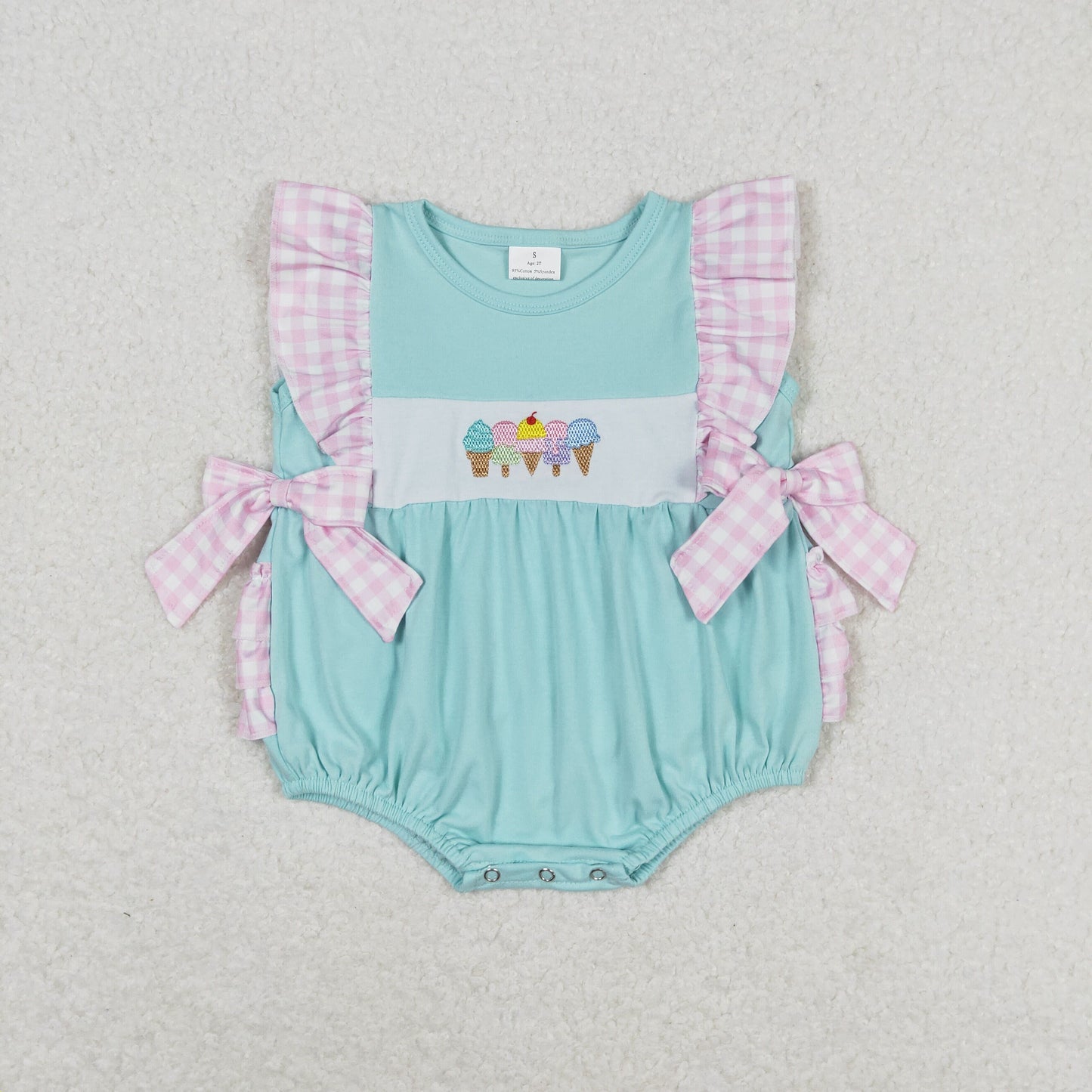 SR1260 Embroidery ice cream ice cream plaid teal sleeveless romper high quality wholesale baby rompers girl