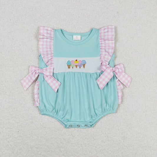 SR1260 Embroidery ice cream ice cream plaid teal sleeveless romper high quality wholesale baby rompers girl