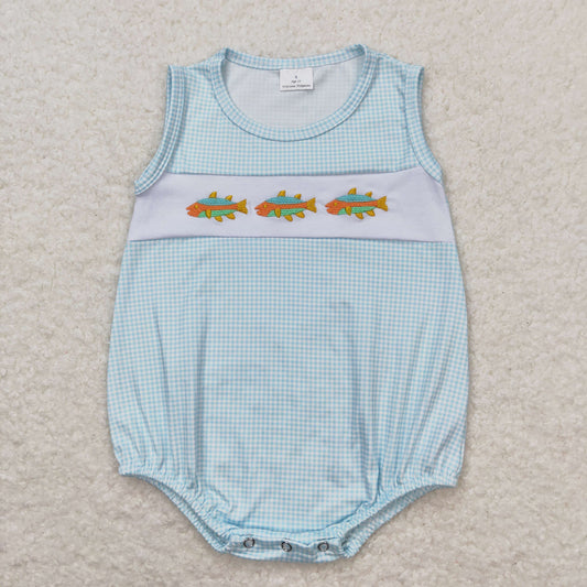 SR1265 Embroidered Fishing Plaid Sleeveless Boys Bubble Romper RTS 202509