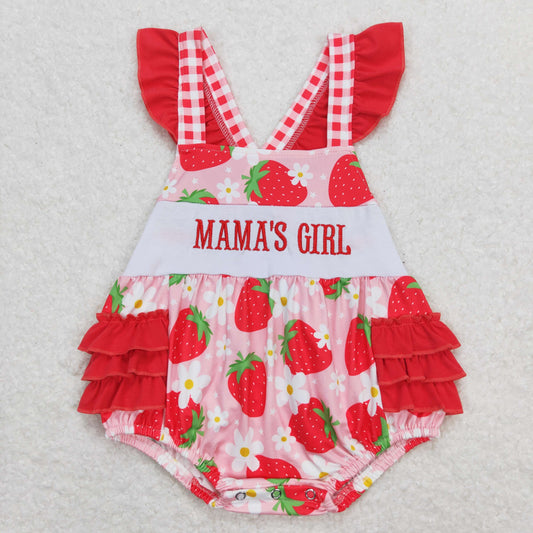 SR1269 Embroidered Mama's girl Red Strawberry Flower Flying Sleeve Girls Bubble Romper RTS 202509