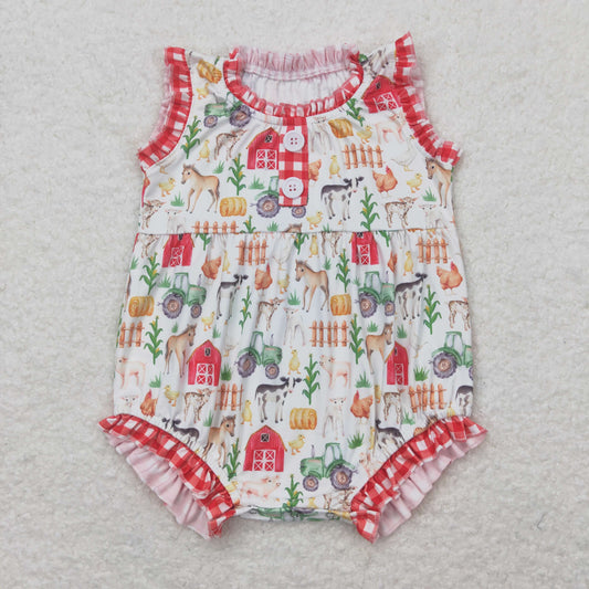 SR1294 Farm Animals Pattern Red Plaid Ruffle Sleeveless Girls Bubble Romper RTS 202508