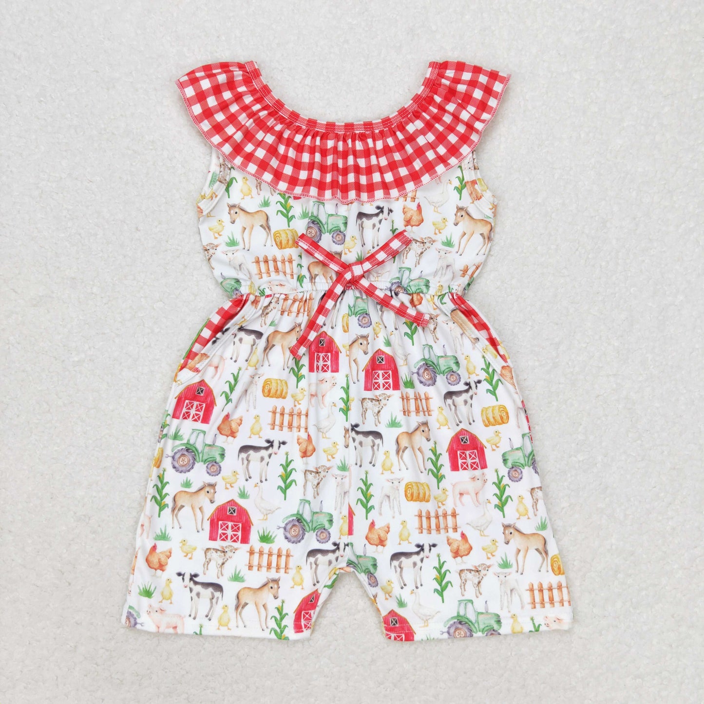 SR1301 Farm animal Red House Red plaid lace Sleeveless romper High quality baby cotton romper