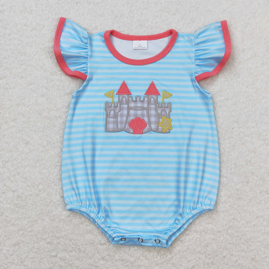 SR1317 Embroidered  Shell Star Castle Rose Red Flying Sleeve Blue Stripe Romper Girls Boutique Outfits 202404 RTS