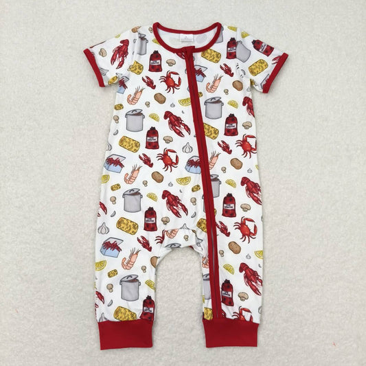 SR1339 White Crayfish Crab Red White Zipper Short Sleeve Girls Rompers RTS 202508