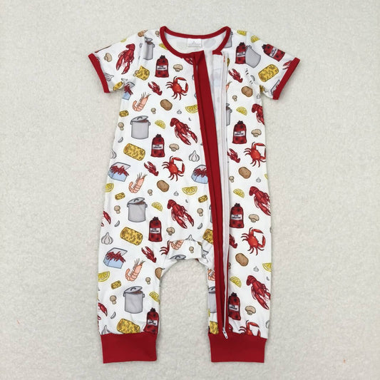 SR1339 White Crayfish Crab Red White Zipper Short Sleeve Girls Rompers RTS 202508