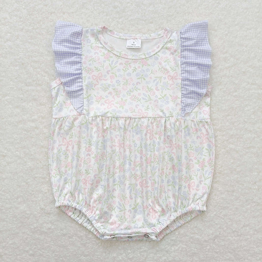 SR1351 Flower Leaf Bows Blue Plaid Ruffle White Sleeveless Girls Bubble Romper RTS 202508