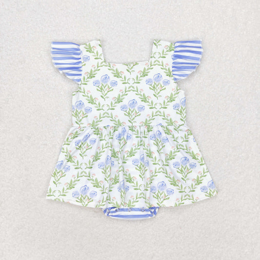 SR1371 floral blue and white checked lace vest romper high quality wholesale baby romper set