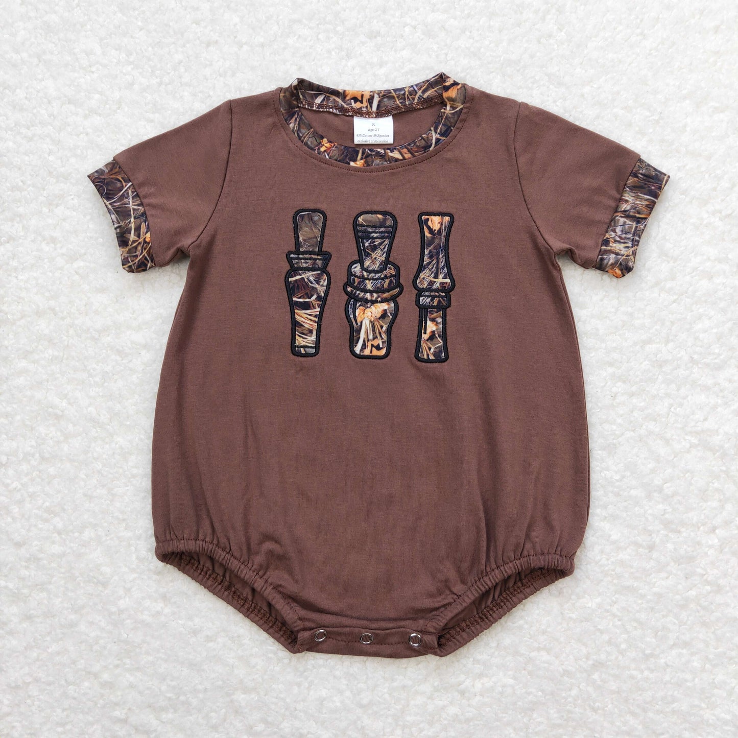 SR1402 Embroidered Leaf and Grass Camouflage Bottle Brown Short Sleeve Boys Bubble Romper RTS 202509
