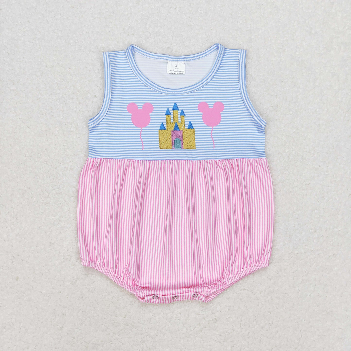 SR1410 Mickey Balloon Castle pink-blue striped sleeveless onesie