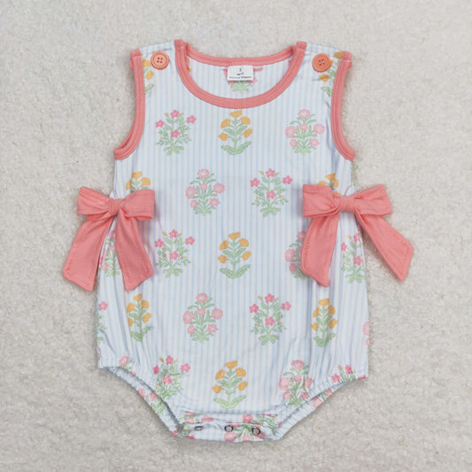 SR1411 Flower Pink Bows Blue Stripe Sleeveless Girls Bubble Romper RTS 202508