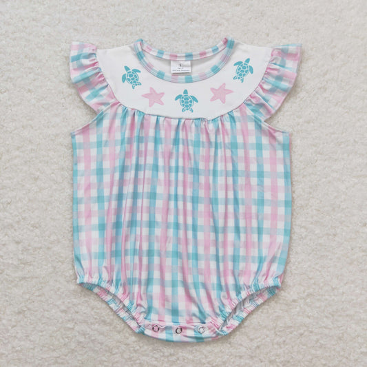 SR1412 Turtle Starfish Colored Plaid Fly Sleeve Bubble Romper Baby Girls Boutique Outfits 202404 RTS