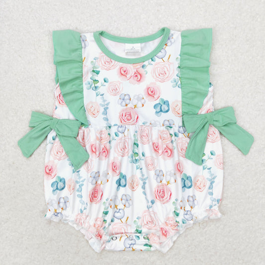 SR1421 Floral green lace bow vest romper high quality baby summer romper