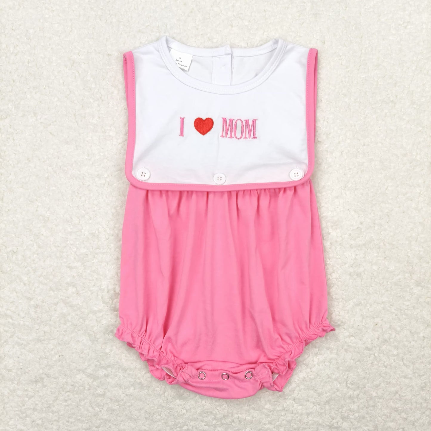 SR1434 l love mom embroidered lettered pink tank top romper baby girl romper