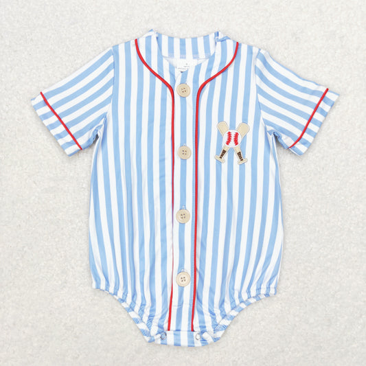 SR1459 Embroidered baseball Blue striped short sleeve romper High quality baby rompers boy