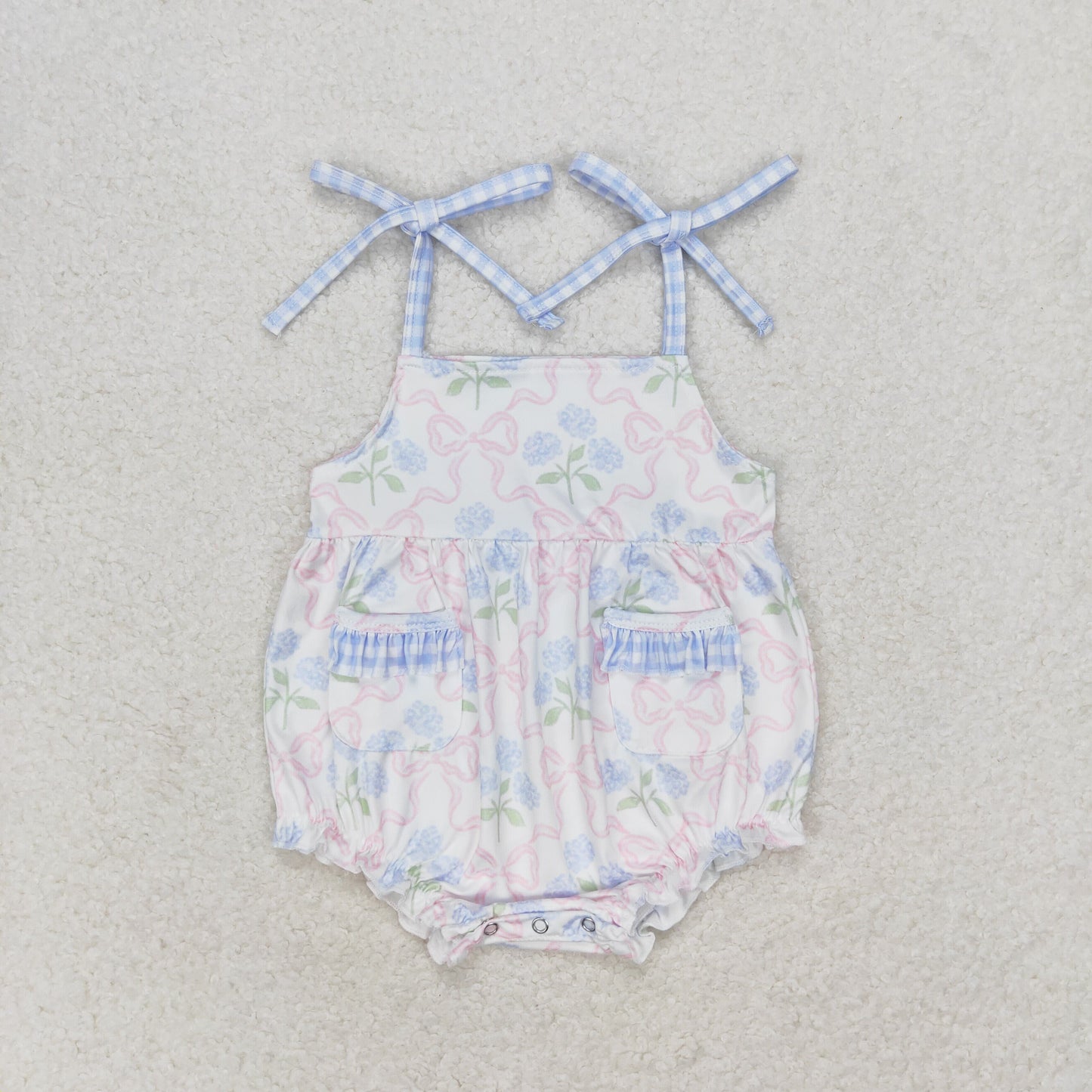 SR1482 Blue flowers Pink bow pattern plaid lace vest romper High quality wholesale customise baby romper