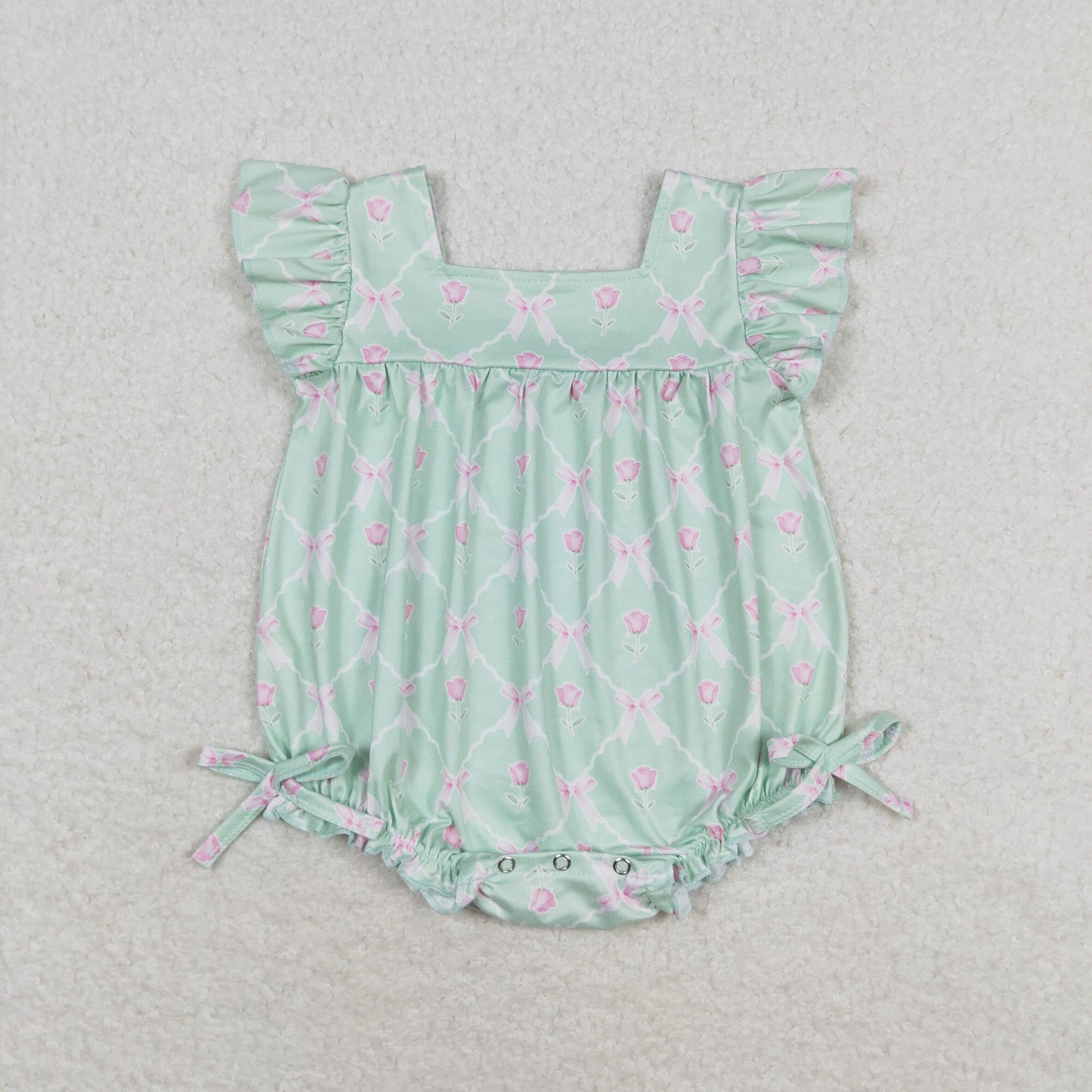 SR1503 Floral bow green romper top quality baby ruffle rompers wholesale