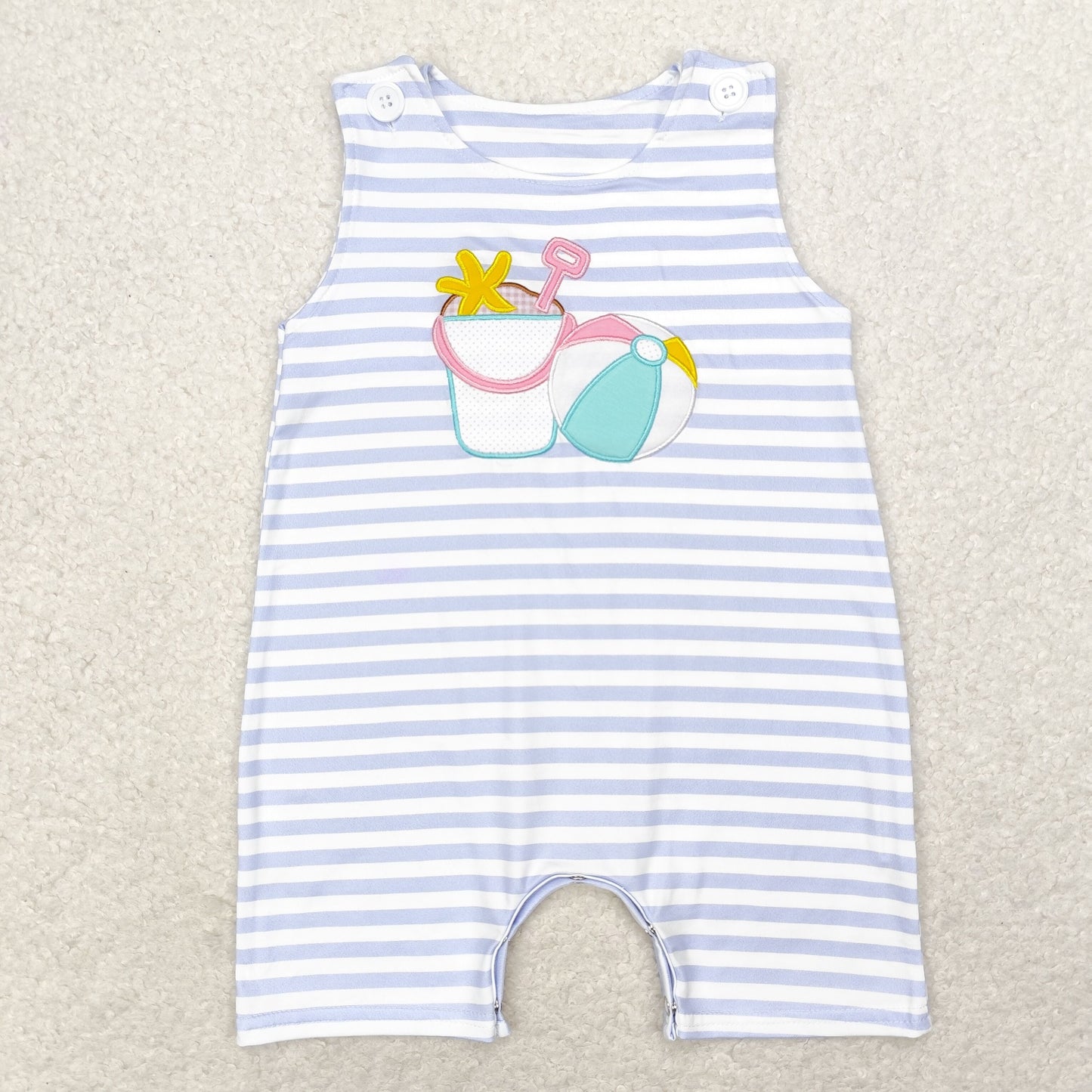 SR1517 Embroidered beach ball Starfish barrel blue White striped sleeveless romper High quality baby romper