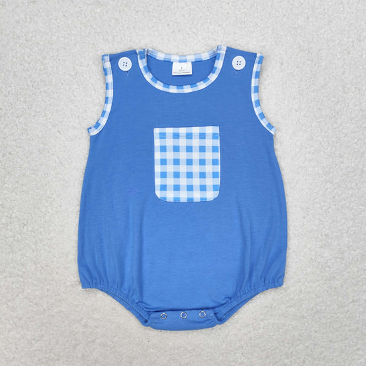 SR1537 Plaid pocket royal blue vest romper High quality romper baby girl