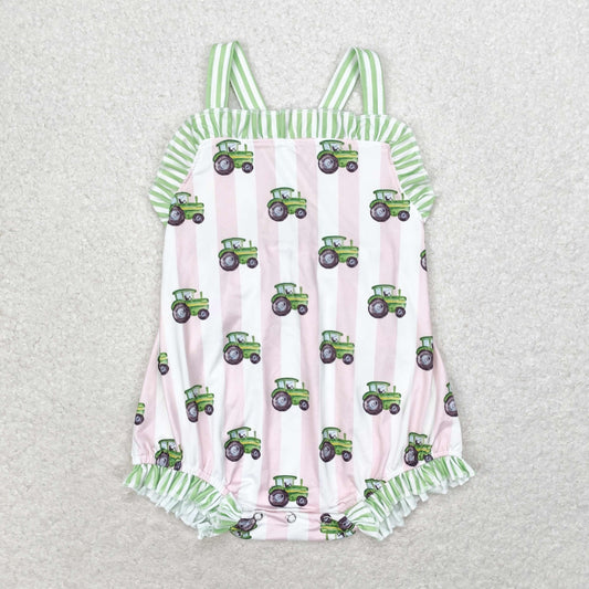 SR1543 Farm tractor pink striped green lace vest romper high quality baby girl romper