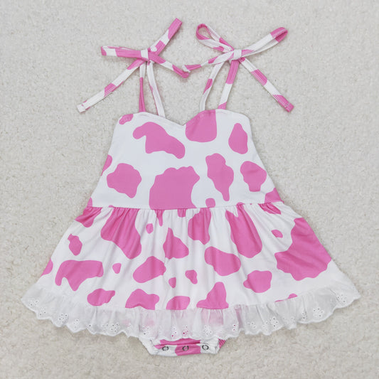 SR1549 Pink cow print vest romper High quality baby ruffle romper