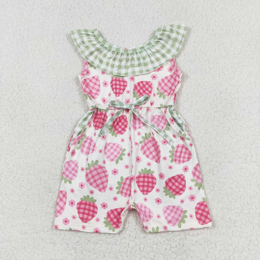 SR1565 Flowers Strawberry Green check lace sleeveless romper High quality baby ruffle romper