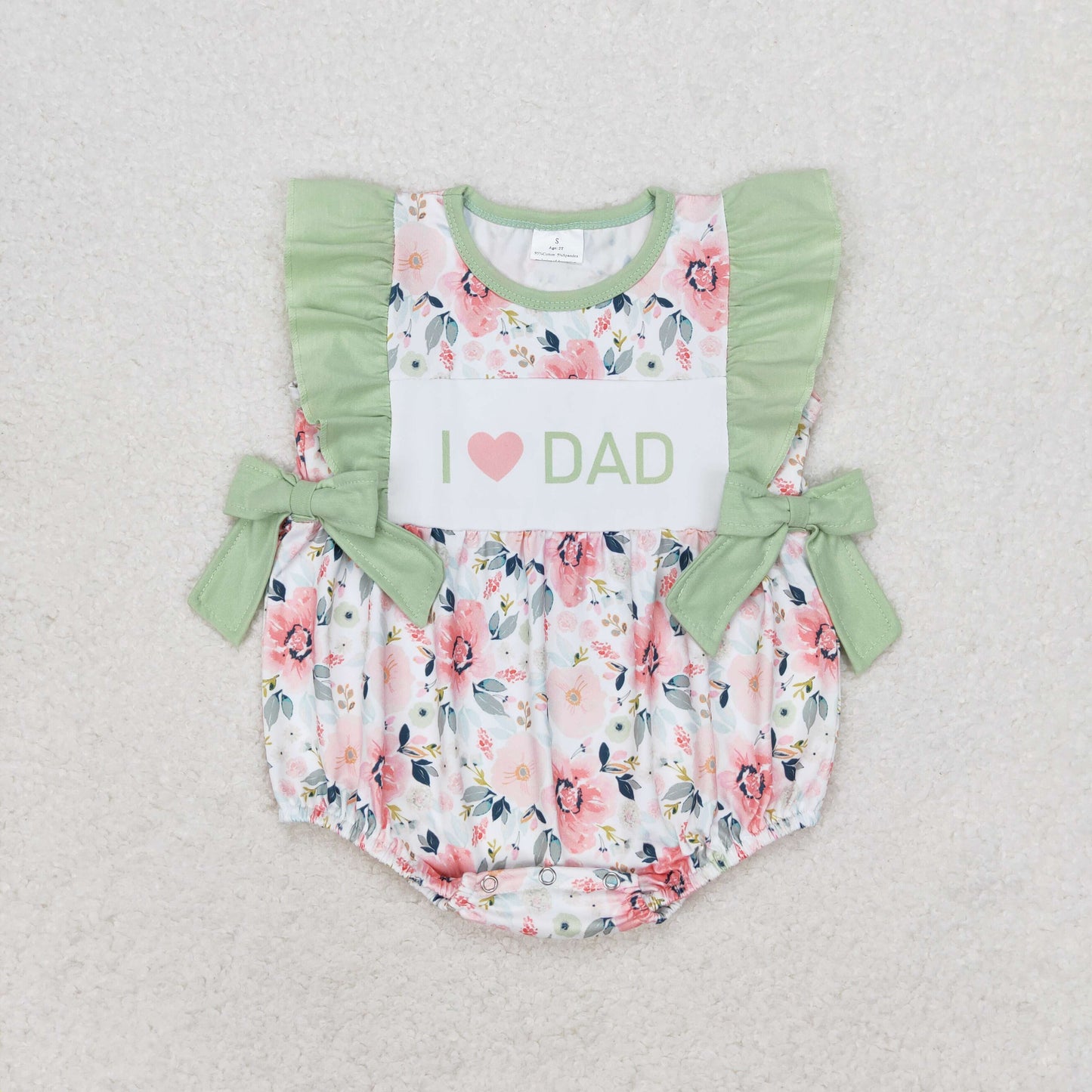 SR1569 I Love Dad Flower Green Ruffle Sleeveless Girls Bubble Romper RTS 202509