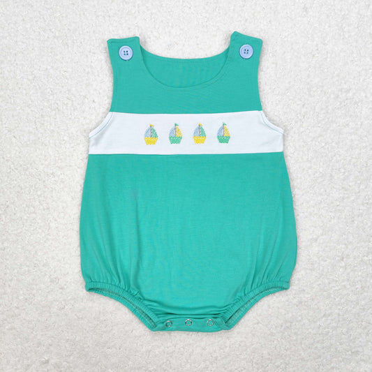 SR1581 Embroidered sailboat teal vest romper high quality baby rompers girl