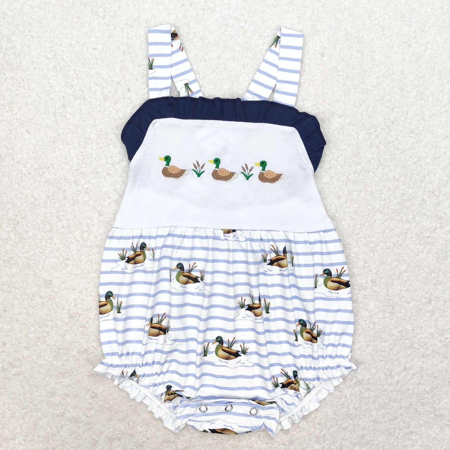 SR1584 Embroidered three duck blue lace striped vest romper high quality baby romper