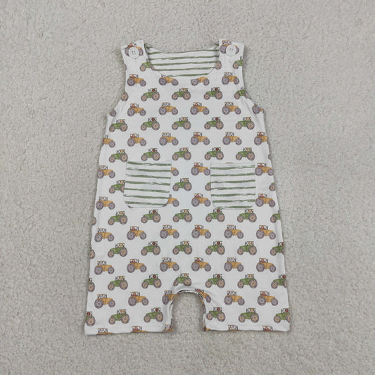 SR1586 Farm Trucks Gray White Sleeveless Boys Romper 202605 RTS