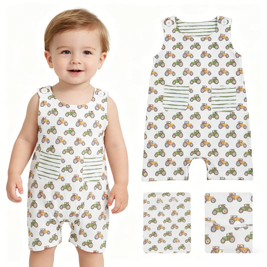 SR1586 Farm Trucks Gray White Sleeveless Boys Romper 202605 RTS