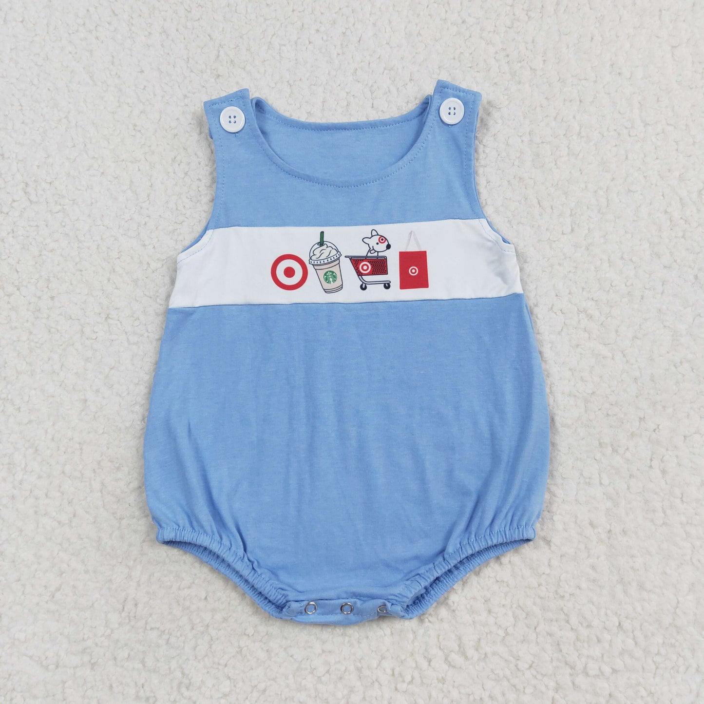 SR1604 Puppy target blue vest romper high quality baby girl romper sets