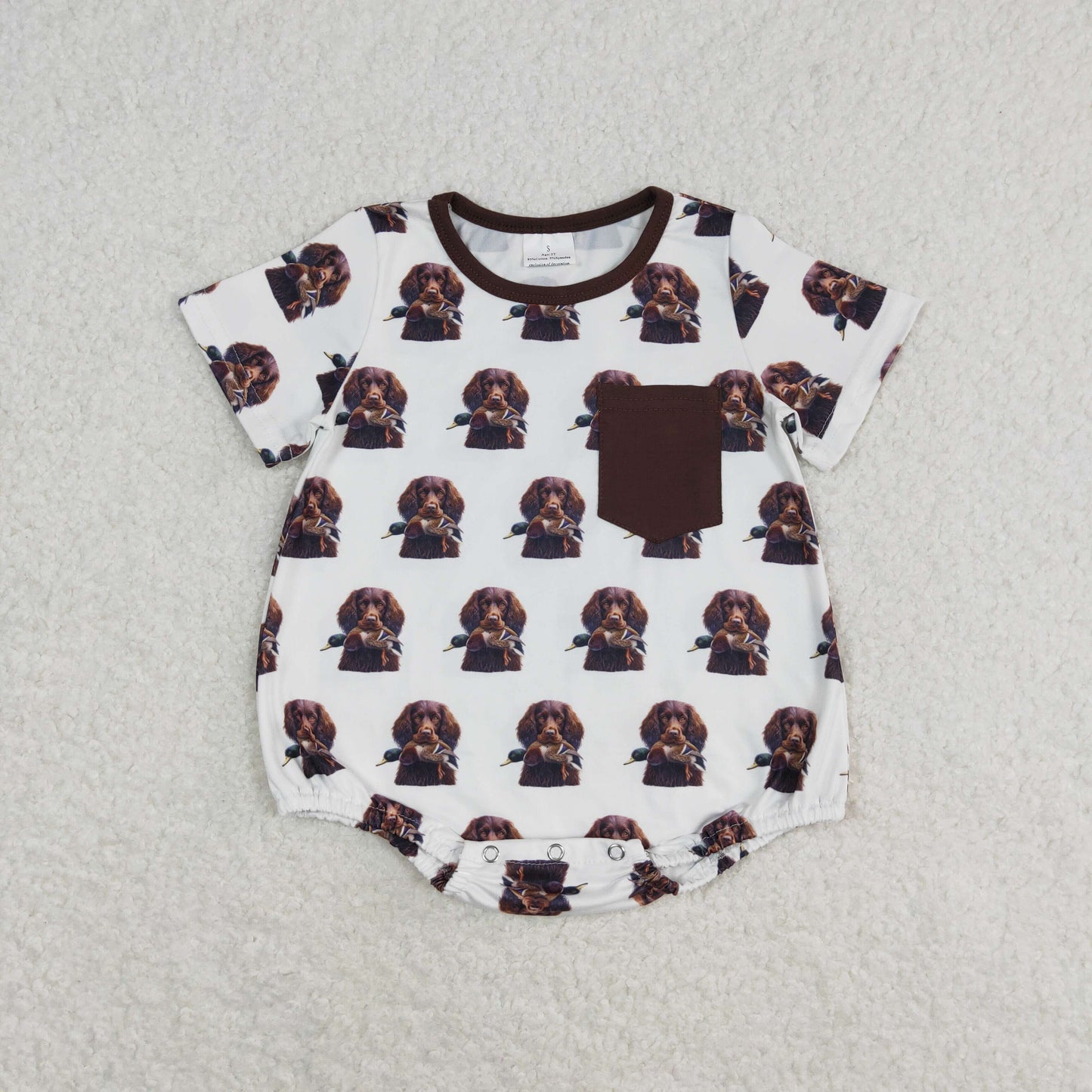 SR1685 Duck Puppy Brown pocket White Short sleeve romper High quality wholesale baby romper