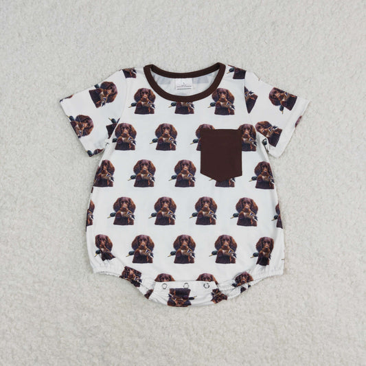 SR1685 Duck Puppy Brown pocket White Short sleeve romper High quality wholesale customized baby romper