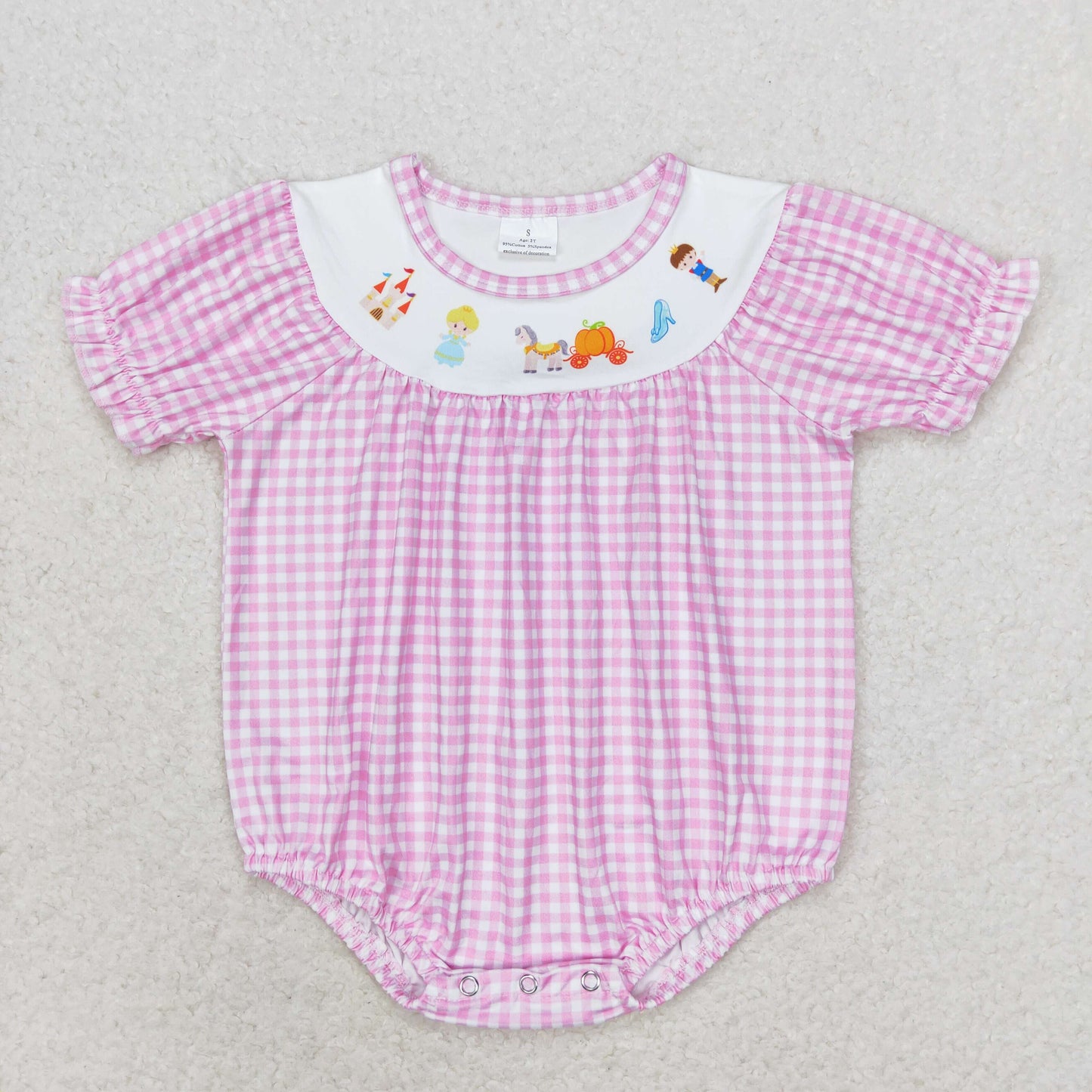 SR1692 Castle Prince Princess Pumpkin Car pink white checkered short sleeve romper High quality ribbed baby romper